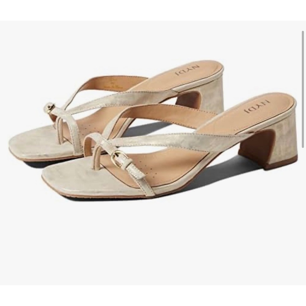 NYDJ Glam Block Heel Sandals Light Gold Suede Square Toe Buckle Size 8.5